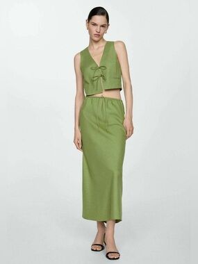 Mango mng Olive Green Drawstring Waist Midi Skirt linen cotton bohemian chic xl